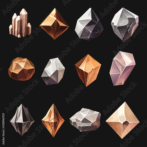 Variety of Metallic Crystals and Minerals on a Black Background Artwork
