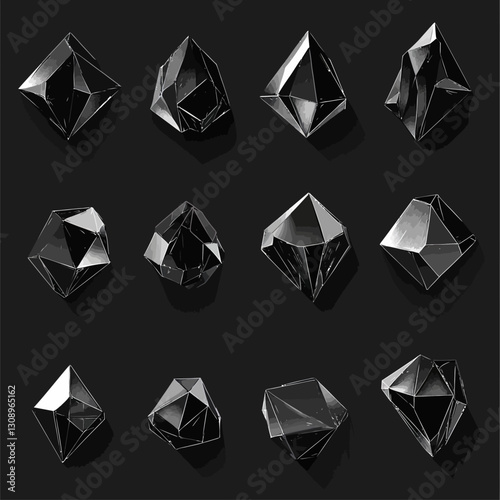 Abstract faceted black gemstone shapes on dark surface create rich depth