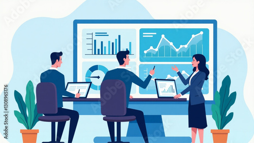 Corporate Executives Monitoring Real-Time Financial Data on Web-Based Dashboard