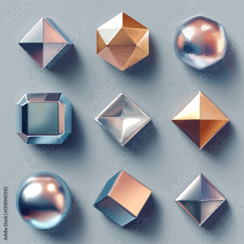 Geometric shapes with metallic finish on soft gray backdrop, artful display