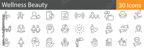 Beauty and Wellness includes outline vector icons illustrating skincare, spa, self-care, relaxation, and personal well-being. Editable stroke vector illustration.