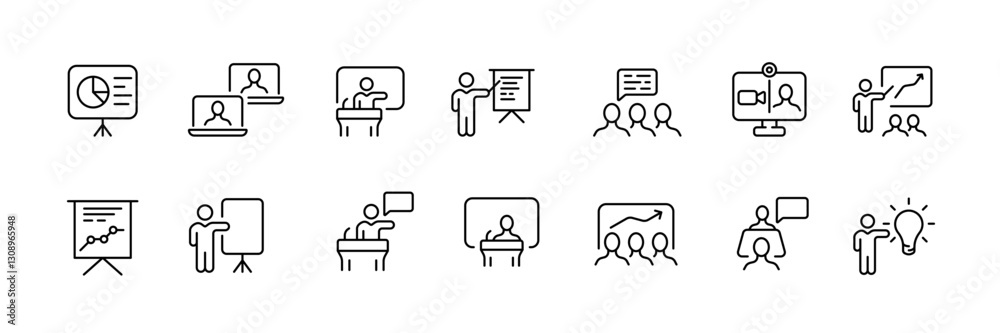 Flat vector icons set of business presentations and meetings in linear style. Flat vector icons set of business presentations and meetings in linear style.