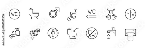 Linear flat icons set of restroom and hygiene signs including gender, toilet, and handwashing.