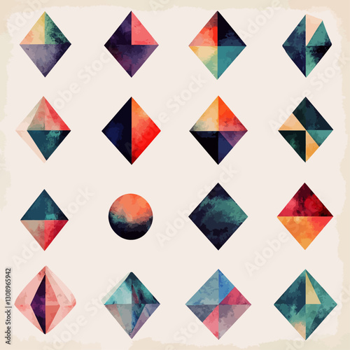 Abstract Geometric Diamond Shapes Watercolor Pattern with a Circle Element