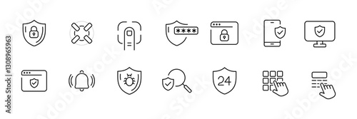 Security and protection vector icons set in linear style – flat design for web and mobile.