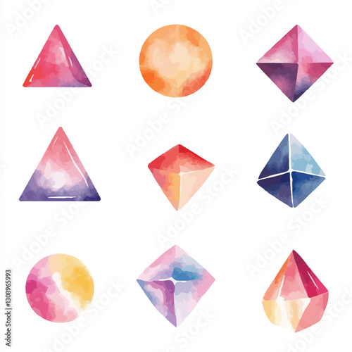 Watercolor geometric shapes, crystal, triangle, circle, diamond, vector art