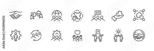 Linear flat icons set of teamwork, collaboration, and communication concepts.