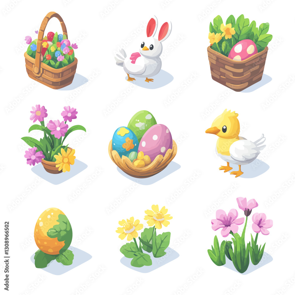 Adorable Cartoon Easter Illustration: Bunny, Chick, Basket, Eggs and Flowers