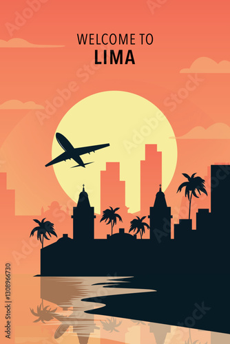 Welcome to Lima, Peru. Retro city poster with abstract shapes of skyline, buildings, plane flying over shore. Vintage Latin America summer travel vector illustration
