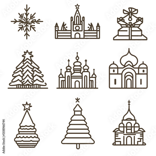 Minimalist Christmas Trees and Eastern European Building Line Art Collection