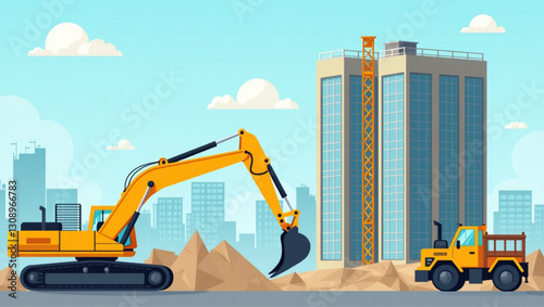 Heavy Machinery Constructing High-Rise Apartment Complex at Busy Building Site