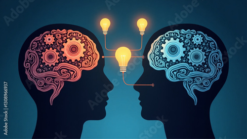 Human Minds Interconnected by Gears and Illuminated by Light Bulbs, Symbolizing Knowledge Sharing