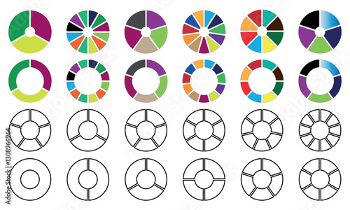 Pie chart circle division infographic icon set. Collection of colorful diagrams. user interface, web design, business presentation. Different color circles isolated. Infographic element round shape.