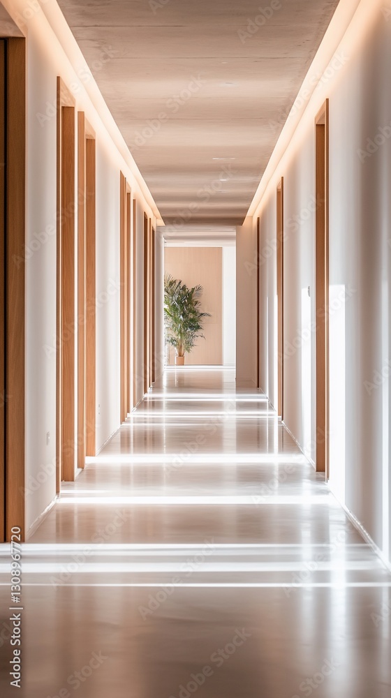 Obraz premium Modern, empty hotel hallway, light streaks, plant in the distance. Use Interior design