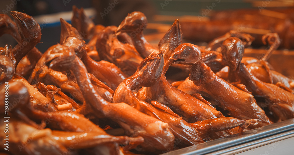 Chengdu, Sichuan, China. Whole Crispy Fried Pigeon. Asian Street Food. Asian Cuisine. Popular Street Snacks. Gastronomic Tourism. Unusual Food. Disgusting Food. Fried Pigeons. Chinese Fried Pigeon Is