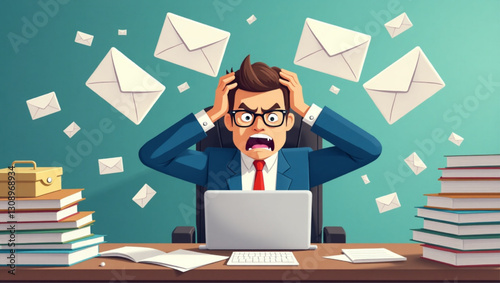 Stressed Businessman Overwhelmed by Overflowing Email Inbox at Cluttered Office Desk