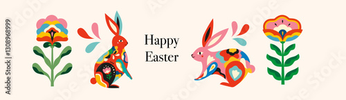 Vector Illustration with easter rabbits and flowers. Happy Easter banner design	