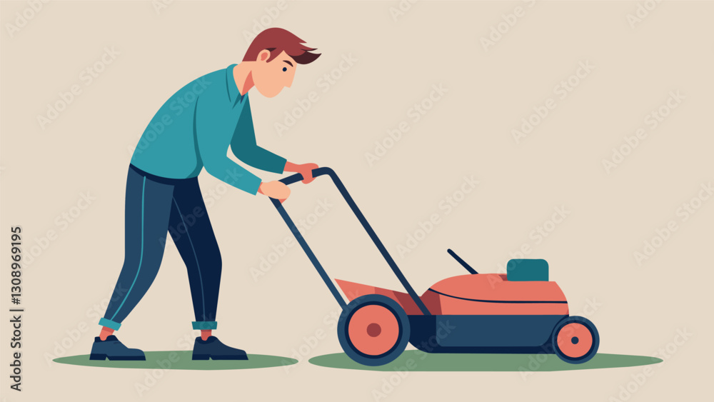 A man carefully examining an oldfashioned push lawnmower admiring its craftsmanship and considering if its still in working condition.. Vector illustration A man carefully examining an oldfashioned push lawnmower admiring its craftsmanship and considering if its still in working condition.. Vector illustration
