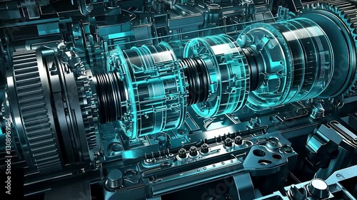 3D rendering of a car's automatic transmission with cutaway view showcasing internal mechanisms.