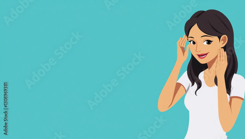 Woman carefully listening with hand near ear, isolated on blue background