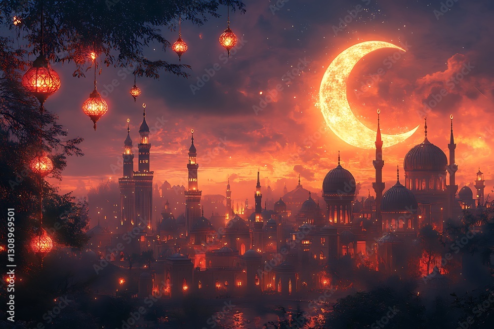 Twilight Cityscape With Ornate Domes and Minarets Illuminated by Lanterns and a Glowing Crescent Moon Twilight Cityscape With Ornate Domes and Minarets Illuminated by Lanterns and a Glowing Crescent Moon