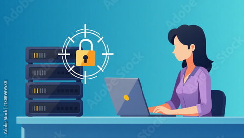 Woman Using Laptop Computer with Secure Server Connection for Data Protection