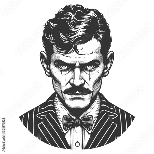 Criminal man serious, intense-looking with a bow tie and striped suit, exuding mystery sketch engraving generative ai fictional character vector illustration. Scratch board. Black and white image.