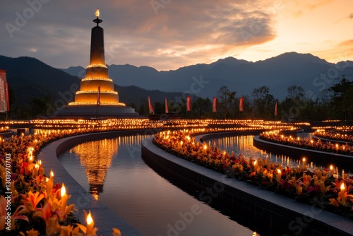 A national monument illuminated by lights and adorned with wreaths and banners commemorating the Constitution