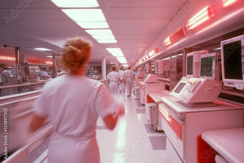 A nurse administering care to a patient in a busy hospital emergency room, with other healthcare workers in the background