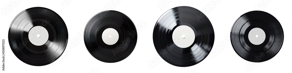 Obraz premium Collection of black Vinyl Records with White Labels isolated on transparent background