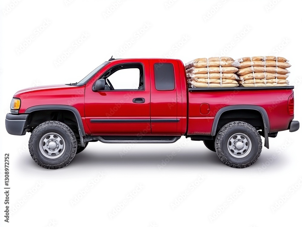 Red Pickup Truck with Cargo Bags on White Background Red Pickup Truck with Cargo Bags on White Background