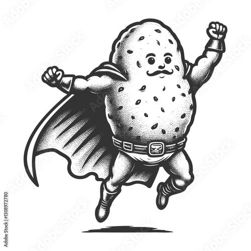 potato superhero wearing a cowboy hat, cape, and mask, standing heroically with floating potatoes around sketch engraving generative ai vector illustration. Scratch board. Black and white image.