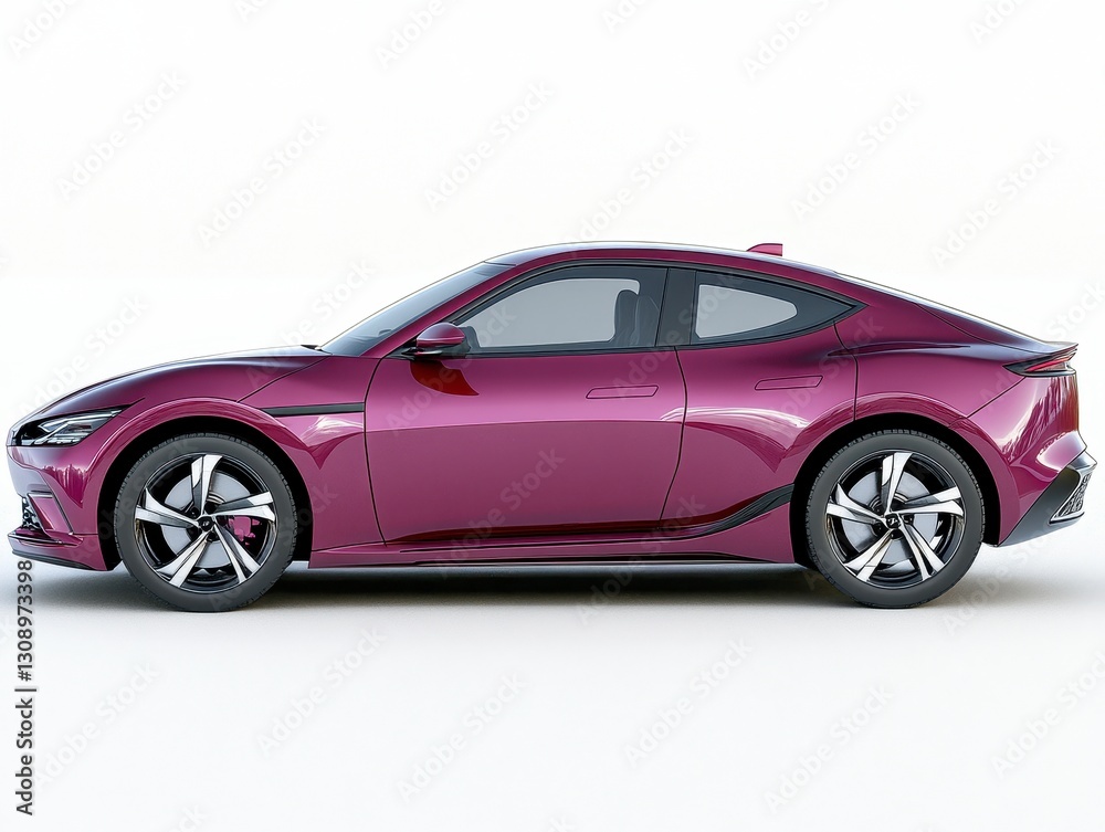 Naklejka premium Side Profile of a Sleek Purple Electric Coupe on White Background