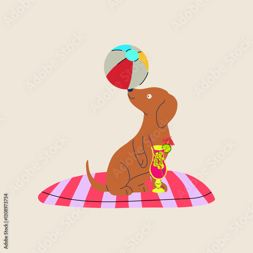A cheerful cartoon dog sits on a beach towel, enjoying a sunny day with a ball nearby.