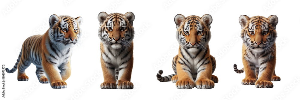 Obraz premium Four adorable tiger cubs are captured in various playful poses, showcasing their distinctive stripes and curious expressions in a bright setting