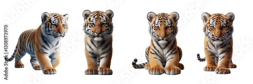 Four adorable tiger cubs are captured in various playful poses, showcasing their distinctive stripes and curious expressions in a bright setting