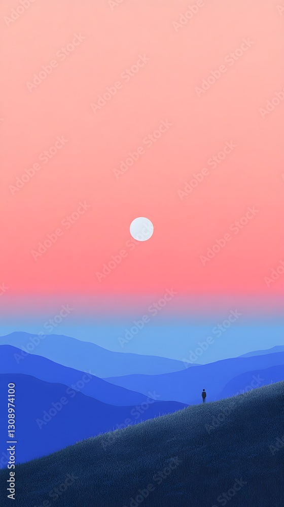 A solitary figure stands atop a grassy hill at sunset A solitary figure stands atop a grassy hill at sunset