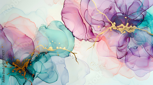 Alcohol ink painting with thin gold leading lines, creating a beautiful abstract composition with a luxurious artistic feel.