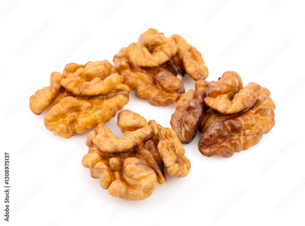 Walnut kernels isolated on white background. Walnuts close-up. Healthy eating. Half of walnut isolated. Peeled walnut on white. Walnut kernels isolated on white background. Walnuts close-up. Healthy eating. Half of walnut isolated. Peeled walnut on white.