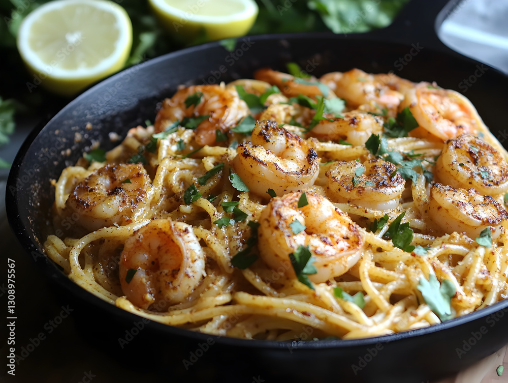 A spicy and creamy cajun seafood pasta with blackened shrimp. A spicy and creamy cajun seafood pasta with blackened shrimp.