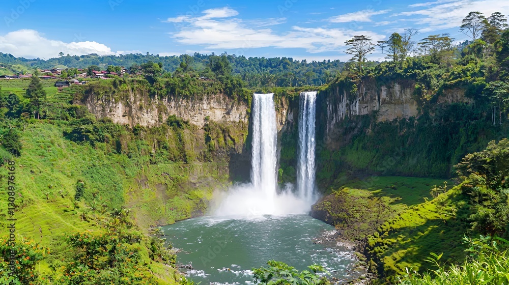 Fototapeta premium Majestic Waterfall Cascading Down Lush Green Cliffside