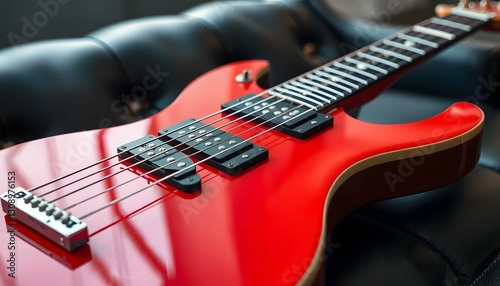 Red Electric Bass Guitar on Black Leather Couch Close Up Musical Instrument