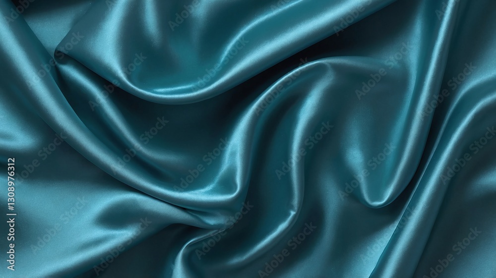 Obraz premium A sapphire teal metallic satin. 16:9 Ratio in 8K. Shiny smooth fabric. Soft folds. Luxury background with space for design. Web banner. Flat lay, top view table. Elegant, fashion, modern decor.