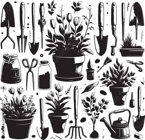 Create a garden tools vector art  silhouette with white background.