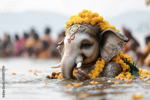 A riverbank with devotees performing the Ganesh Visarjan ritual, gently immersing the idol in the water as they chant prayers