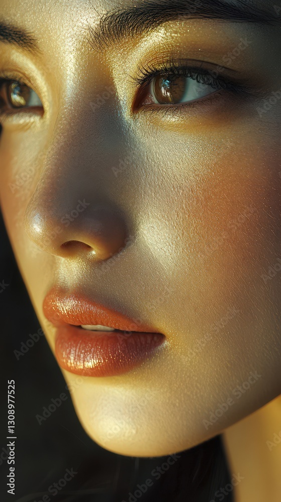 Fototapeta premium Golden Lit Closeup Of A Young Womans Face