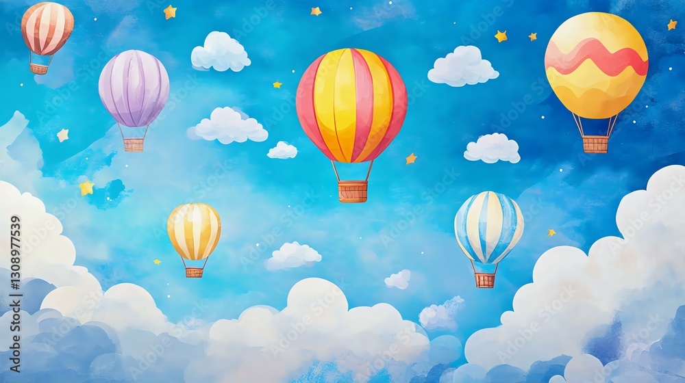 Fototapeta premium Colorful hot air balloons floating in a blue sky filled with clouds, creating a whimsical and dreamy atmosphere with a cheerful vibe.