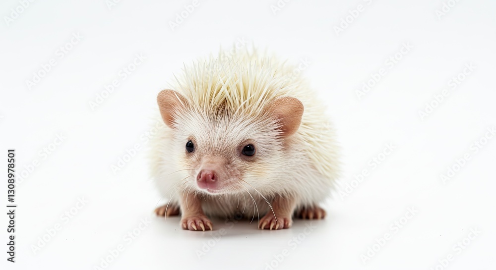 Albino Hedgehog Facing Forward with White Quills on Bright Background Albino Hedgehog Facing Forward with White Quills on Bright Background