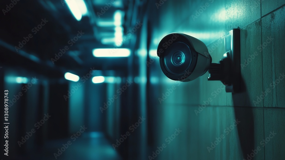 A surveillance camera mounted on a wall in a dimly lit hallway, casting a watchful gaze over the surroundings.