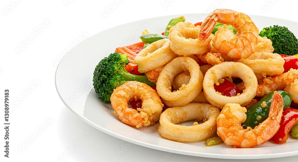 Serving Fried Calamari and Shrimp Stir Fry with Fresh Vegetables Serving Fried Calamari and Shrimp Stir Fry with Fresh Vegetables